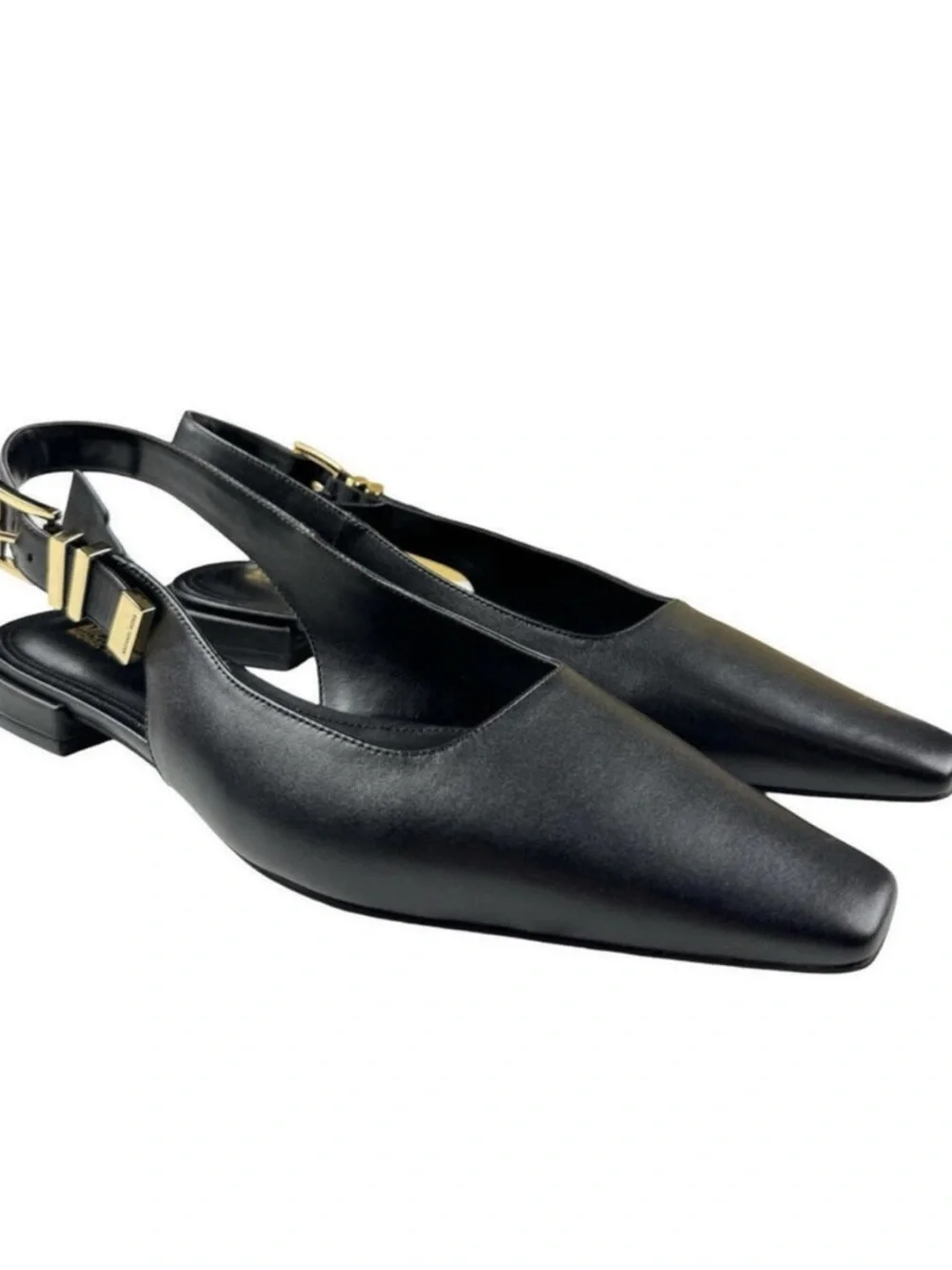 Brand New Michael Kors Darington Black Pointed Slingback Flats with Gold Buckle - Picture 2 of 5